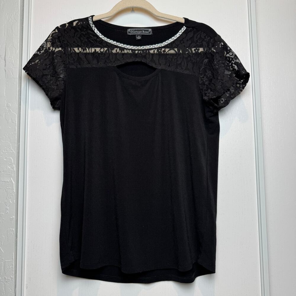 Vintage Rose Black Classy Top  Lace Decorative Rhinestone Neckline size Medium